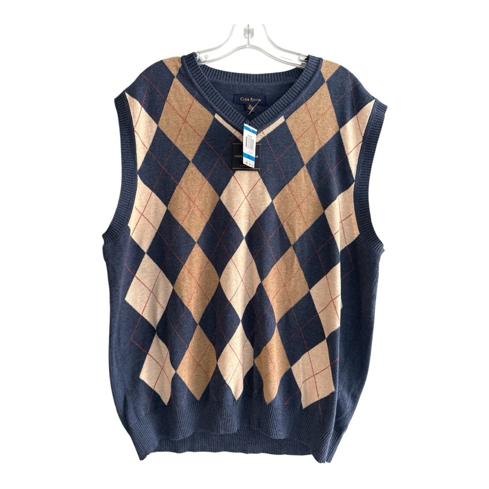 Argyle Sweater Vest Mens L Navy Beige V-Neck Golf Preppy Cotton Knit NWT Fall